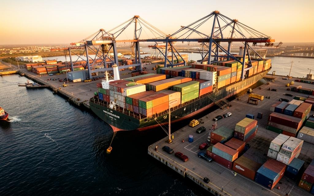 Container vessel discharging cargo at port